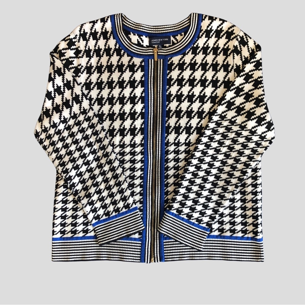 Jones New York Black & White Houndstooth Cardigan with Blue Trim